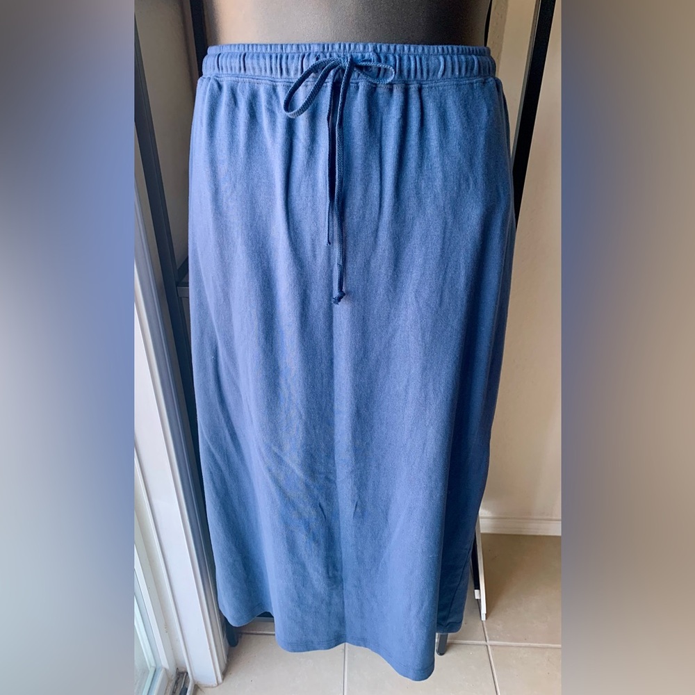 Venezia Women Navy Blue 100% Cotton Maxi Skirt Back Slit Drawstring Waist Casual